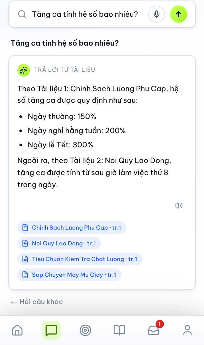 Virium Ask AI screen: a grounded answer about overtime rates with four cited company documents