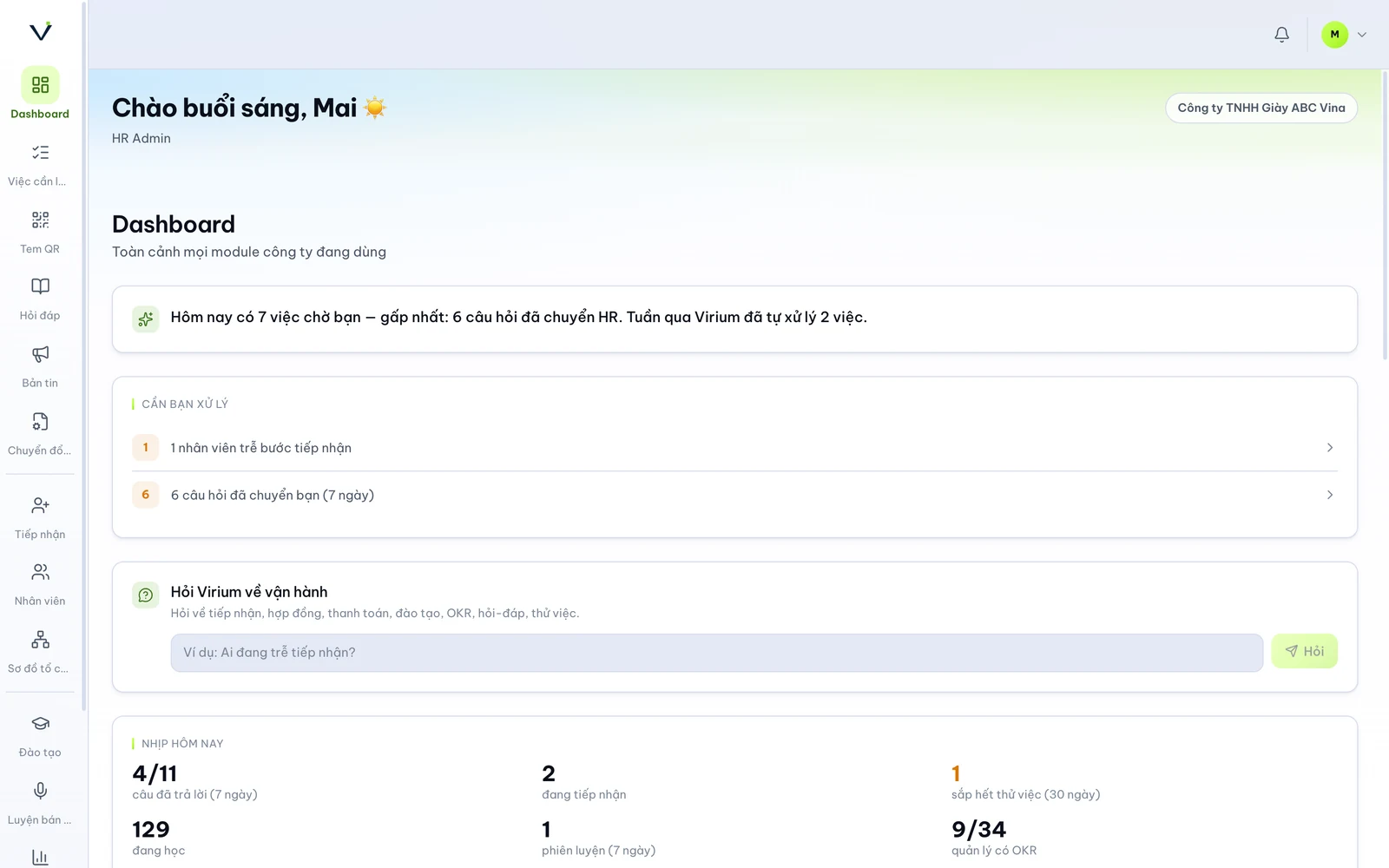 Virium HR dashboard: work queue, live activity metrics and per-module status for a 494-person factory