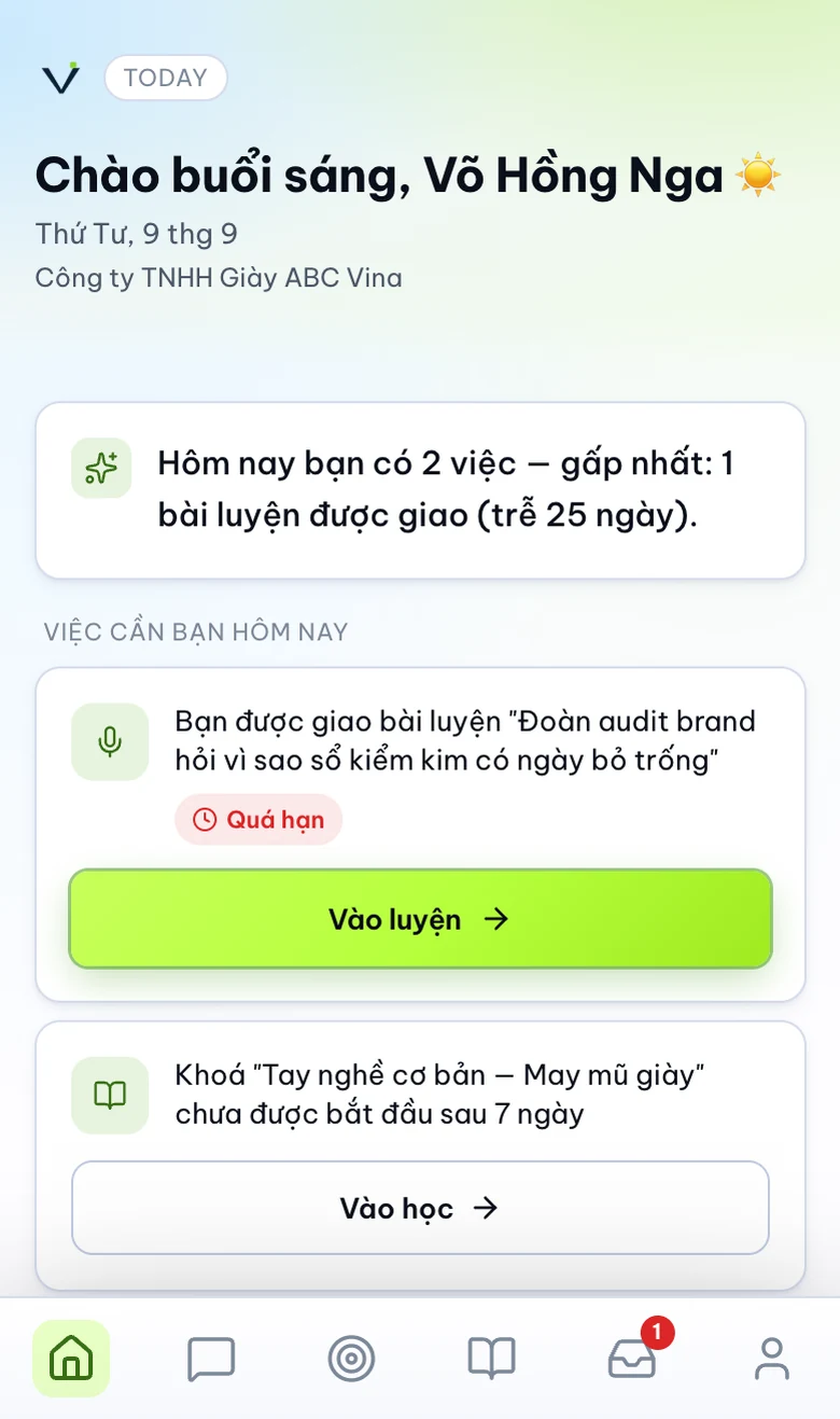 Virium Today screen: a factory worker's personalised daily view — AI-summarised tasks, assigned practice, company news